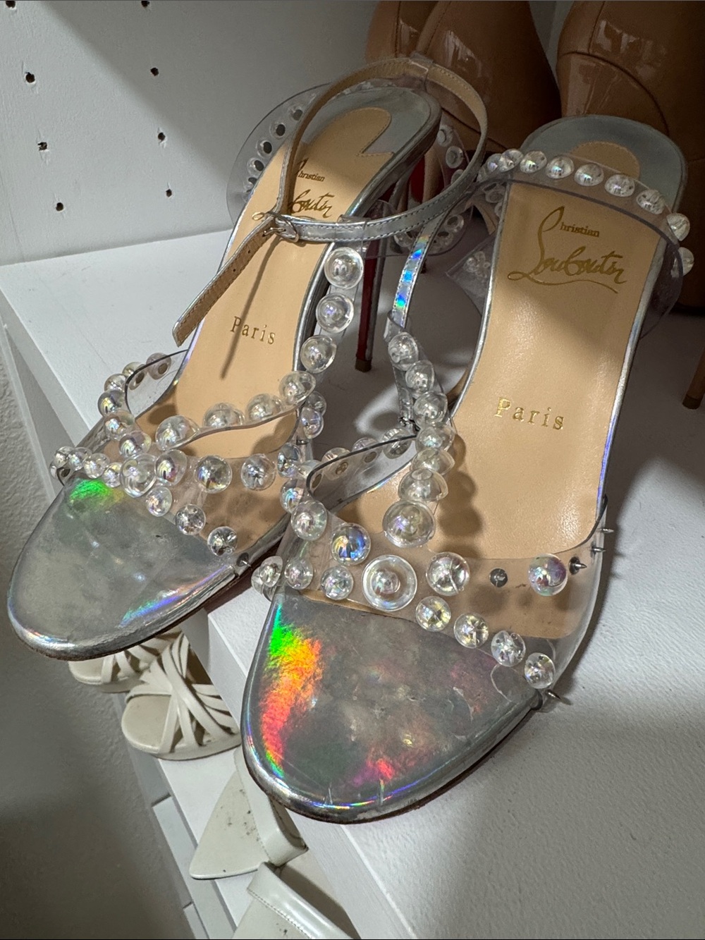 Christian Louboutin Iridescent Silver Crystal-Embellished Sandals
